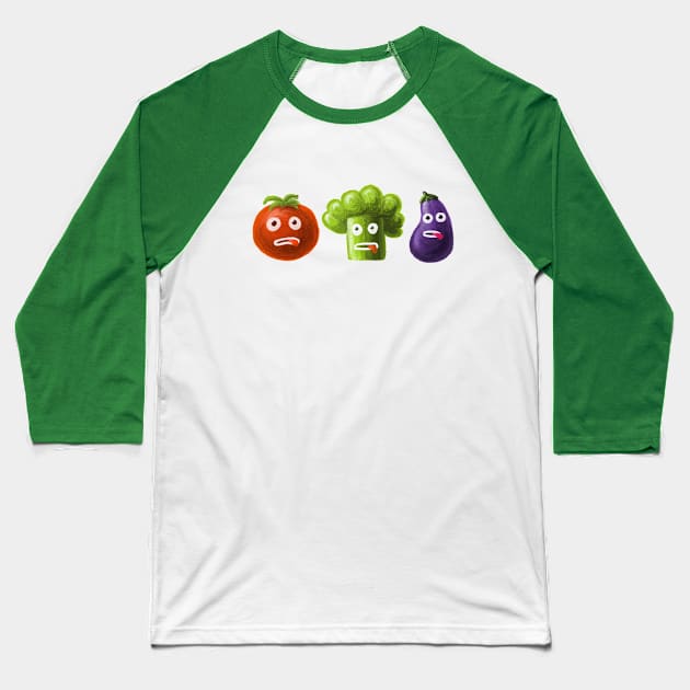 Tomato Broccoli Eggplant Funny Vegetables Baseball T-Shirt by Boriana Giormova